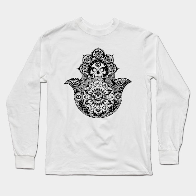 Intricately Drawn Skull Head Hamsa Hand Long Sleeve T-Shirt by SunGraphicsLab